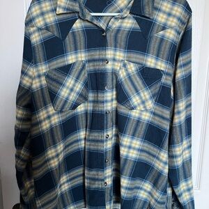 Maurices Women's Blue and Yellow Plaid Button-Up Shirt